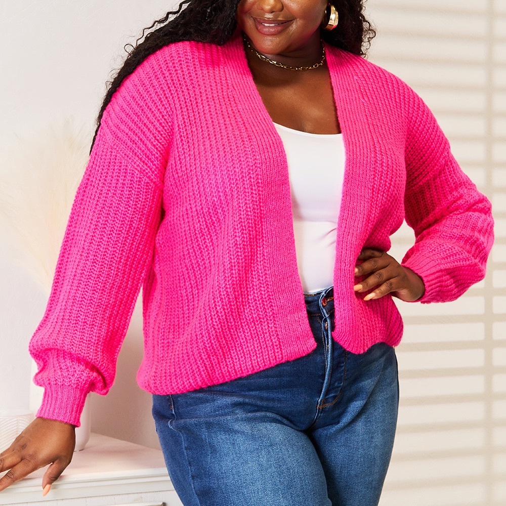NEW Woven Right Hot Pink Ribbed Knit Open Front Drop Shoulder Cardigan Sweater